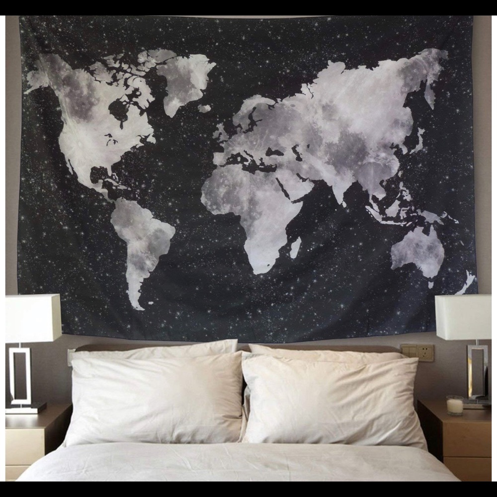 World Map Tapestry Black Globe Galaxy  Wall Art